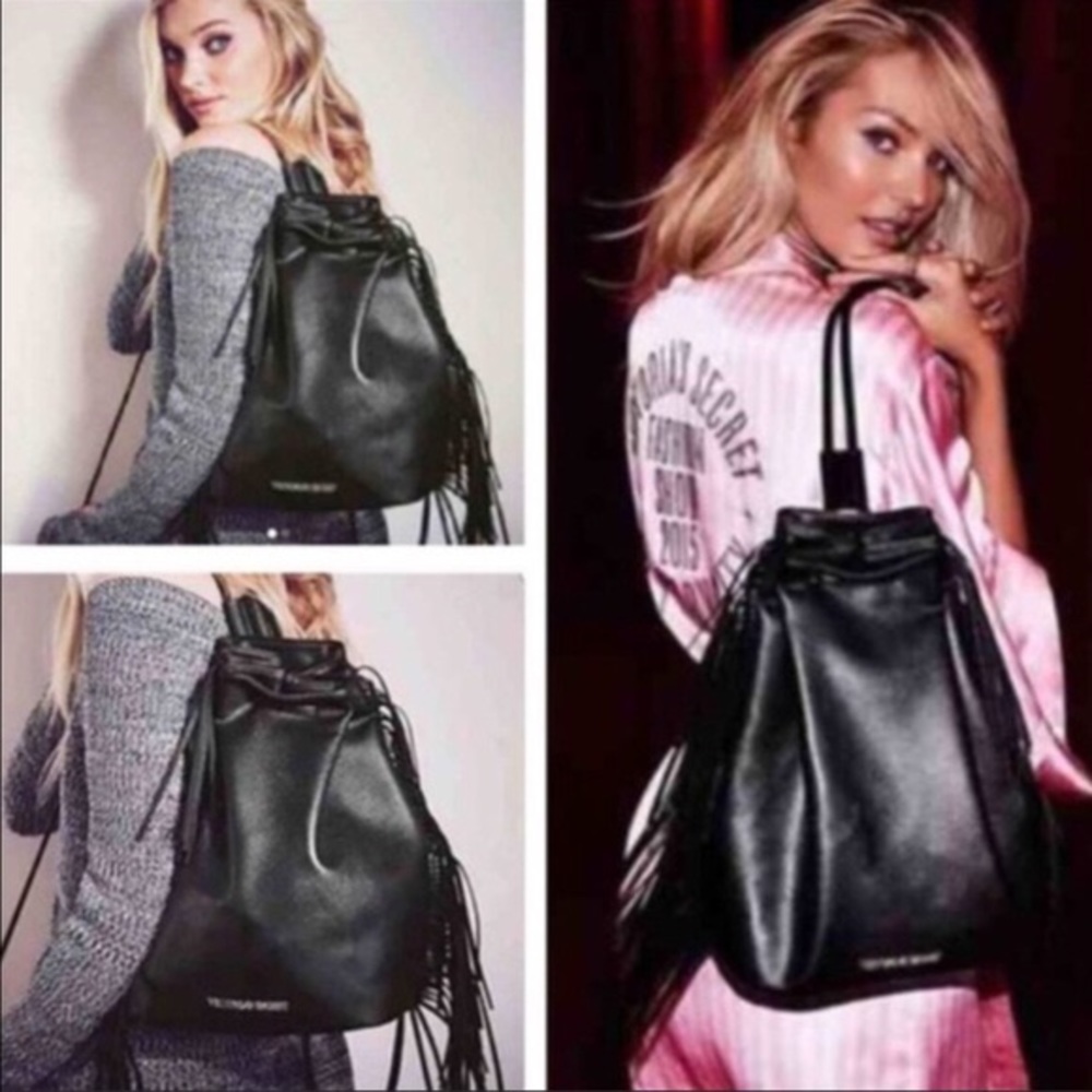 Victoria Secret black fringe backpack tote bag